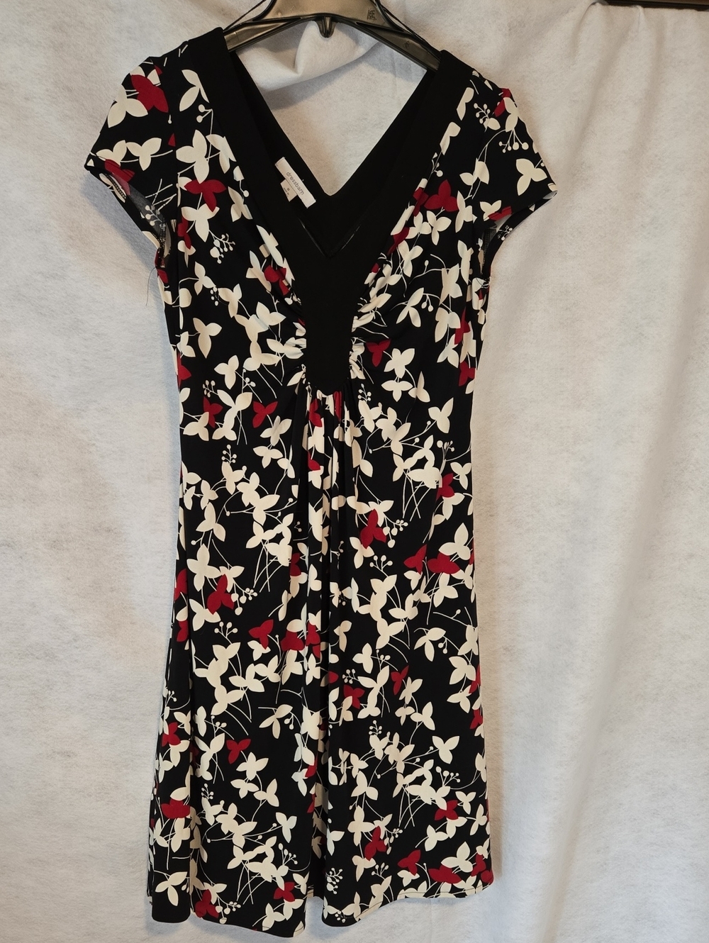 dressbarn Black Floral V-Neck Dress with Red & Cream Accents